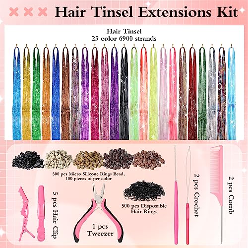 Crowye 23 Colors Hair Tinsel Kit 48'' 6900 Strands Tinsel Hair Extensions Braiding Hair Tinsel Shiny Fairy Hair Accessories Heat Resistant Hair Glitter Strands For New Year Cosplay Party Women Girls #TOP1