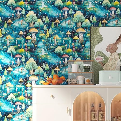FunStick Teal Wallpaper for Living Room Modern Forest Mushroom Wall Paper Peel and Stick Wallpaper Blue Botanical Mushroom Green Patterned Vinyl Wrap for Walls Furniture Teal Sticky Back 44.5CMx3M - Image 2