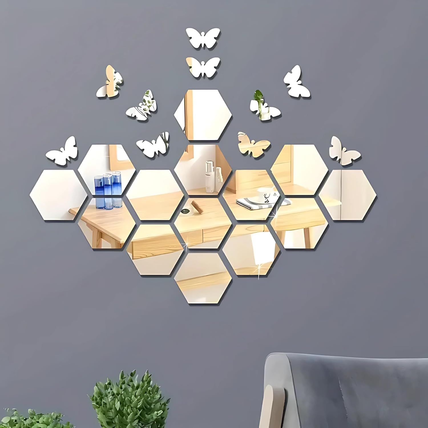 WallMarvel 25-Piece Hexagon & Butterfly Mirror Wall Stickers – 15 Hexagons + 10 Butterflies, Acrylic Decorative Stickers for Hall, Bedroom, Kitchen-image-45