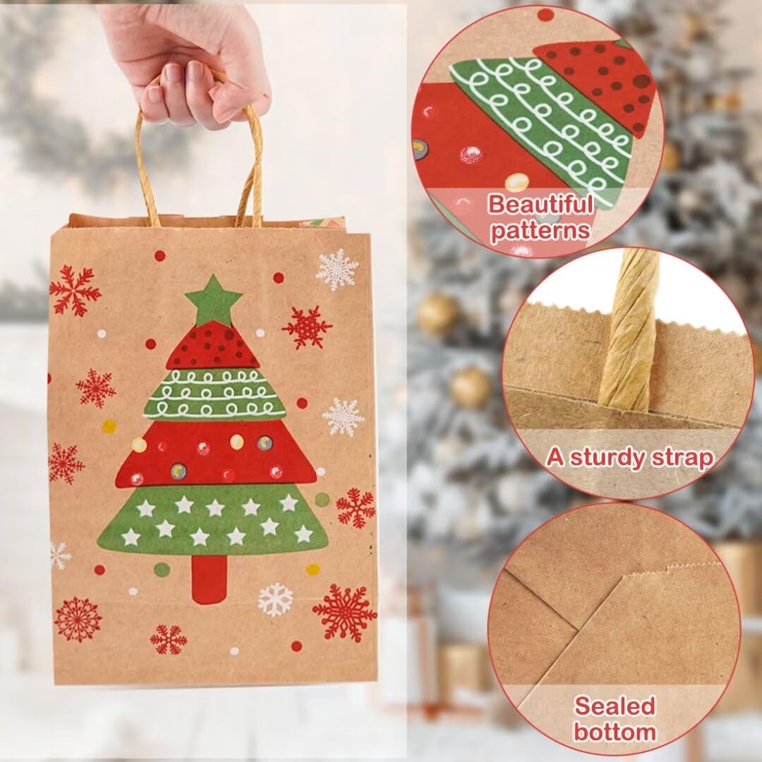 12 Pezzi Natale Sacchetti Regalo di Carta Kraft, Regali Natale Sacchetti Carta con Manici, Buste Regalo Sacchetti Caramelle Sacchetti Per Biscotti, Decorazioni per Confezioni Regalo (A