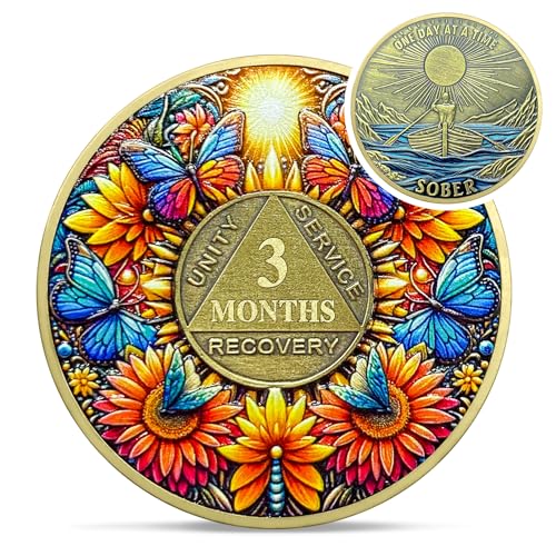 Image of Delicate Sunflower 3 Month Sobriety Coin - One Day at A Time 90 Day AA Sobriety Chip - Recovery Butterfly NA AA Chips and Medallions - 1-40 Years Living Clean Alcoholics Anonymous Gifts for Men Women