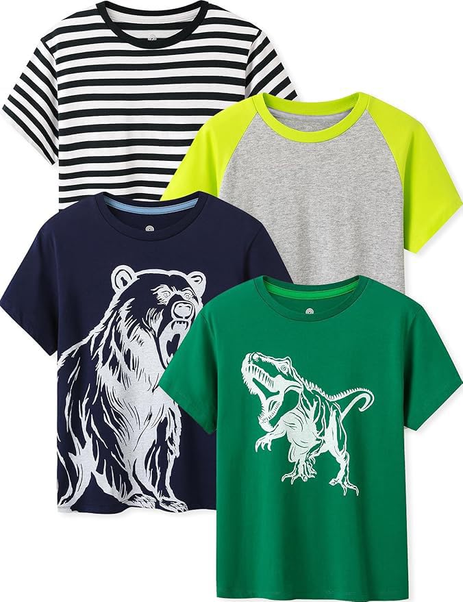 Image of LAPASA Boys & Girls Cotton Graphic T-Shirts 4 Pack Tees for 3T-13Y Kids K01 | Ribbed Crewneck & Short Sleeve Undershirts for Toddlers and Teens. Soft, Breathable, Ideal for School & Daily Wear