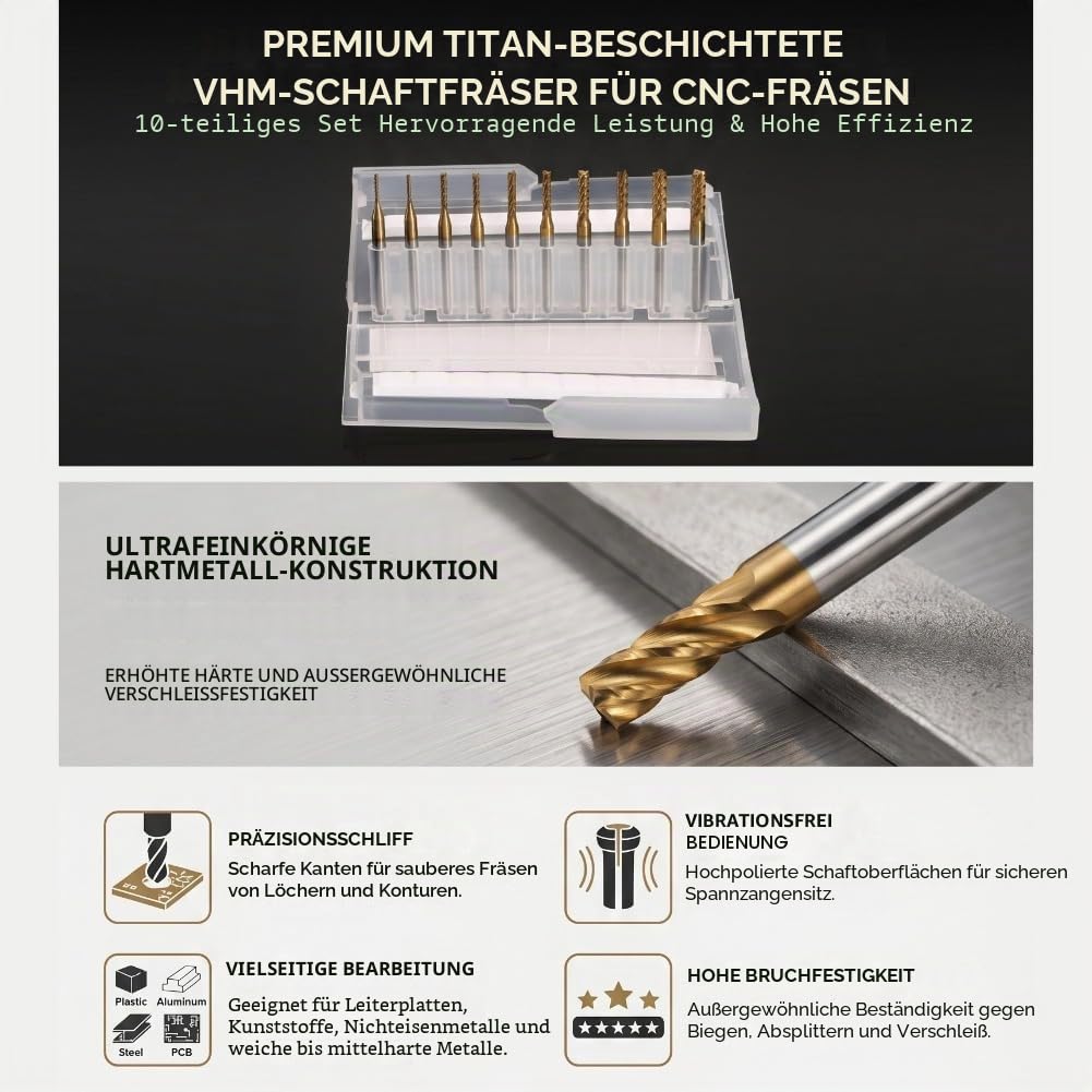 10 pcs Schaftfräser Titan Beschichtete Fräserset Hartmetall CNC Fräser Gravur Bits Carving Drill Werkzeuge 1,0-3,0mm