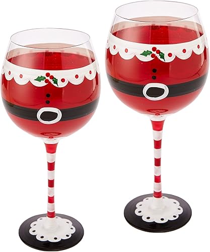 Santa's Elf Stemmed - Juego de 2 copas de vino y agua con tallo de elfo de Papá Noel, rojo brillante y negro, 9 pulgadas de alto, cristalería para