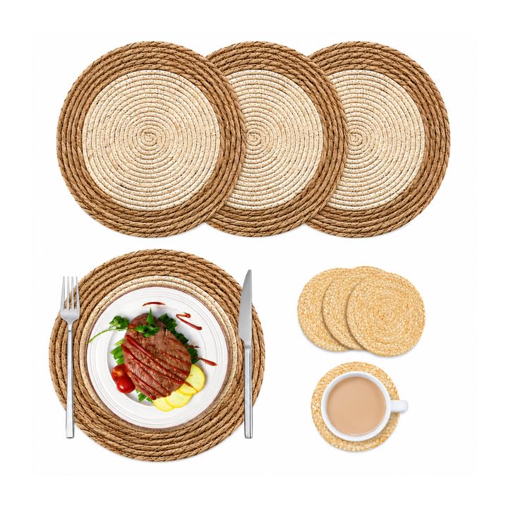Round Placemats and Coasters Set of 4, 33cm Handmade Woven Place Mats, Heat Resistant Wicker Placemat for Home, Kitchen, Dining Table, Wedding