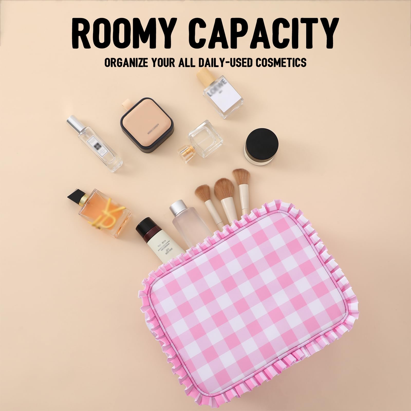 Make-up-Tasche mit Rüschen, Gingham-Muster, Rosa | Reißverschluss, großes Fassungsvermögen, Reise-Organizer für Kosmetik-Accessoires, Pinsel, Hautpflege, für Damen und Mädchen