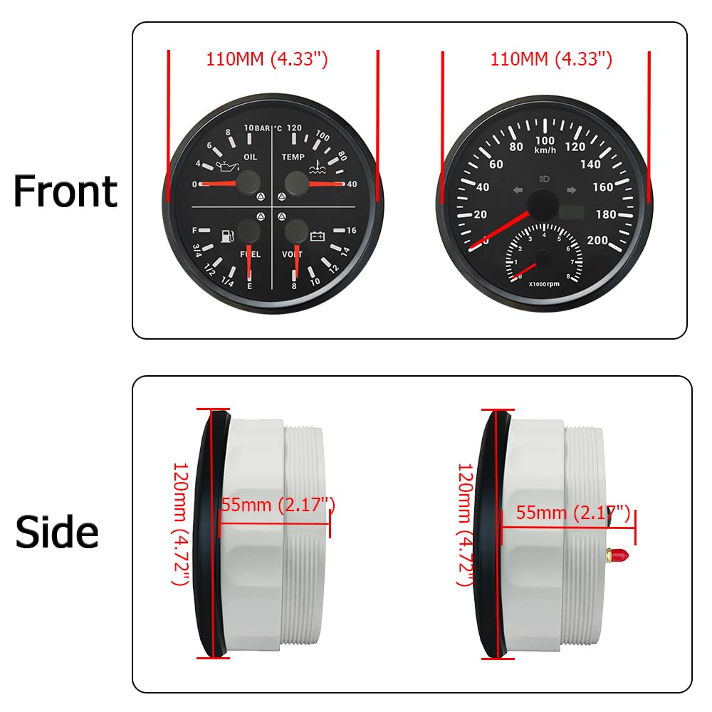 ELING Compteur de vitesse GPS de 110 mm 0-200 km/h avec tachymètre 0-8000 tr/min avec indicateur multifonction 4 en 1, niveau de carburant, pression d'huile, température de l'eau 12 V avec