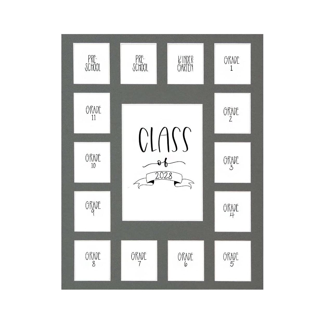 Rustic Red Door Co. Class of 2028 Photo Mat (11" x 14") Photo Collage Picture Frames Mat for School Pictures - No Frame Grey Photo Mat from Pre - K to Graduation (15 Photos)