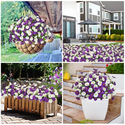 Image of Bassion 16 Pcs Artificial Morning Glory Flowers for Outdoors, White Purple | UV Resistant, realistic, silk flowers, faux eucalyptus plants, outside planters porch window box garden indoor outdoors decor