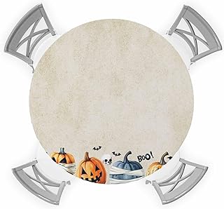 Halloween Round Fitted Tablecloth with Elastic, Round Table Cover Waterproof, Skeleton Pumpkin Trick Or Treat Bat Skull Table Cloth Cover for Indoor Outdoor Party Wedding 55"-60"