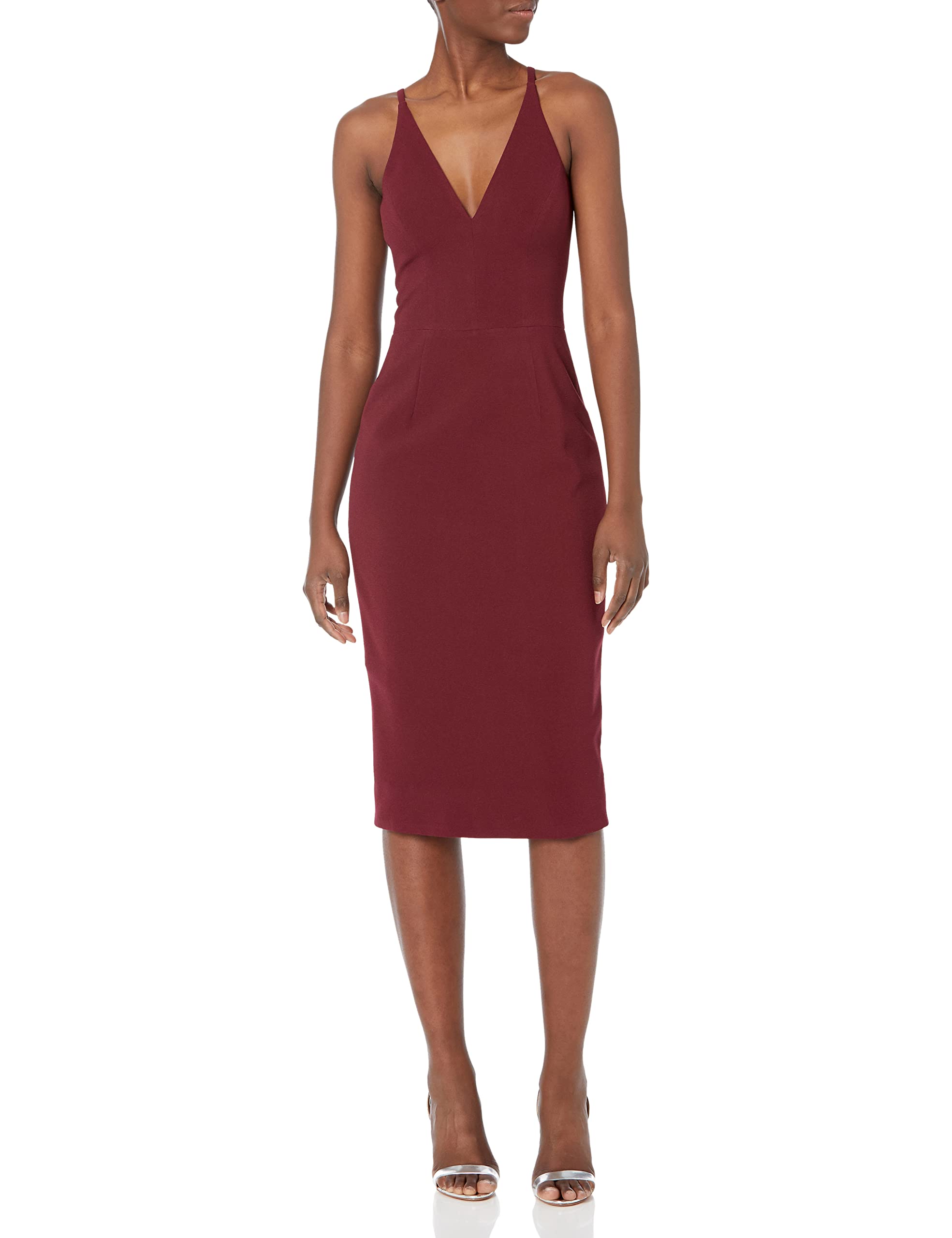 Dress the Population Women's Lyla Plunging Sleeveless Fitted Midi Sheath Dress