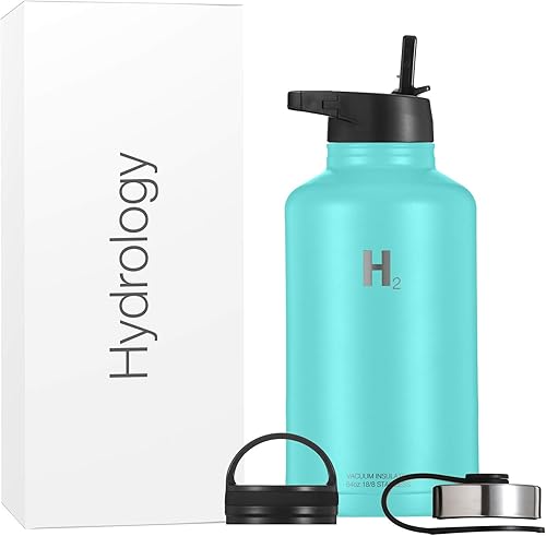 H2 Hydrology - Botella de agua deportiva de 18, 22, 32, 40 o 64 onzas con 3 tapas, termo de acero inoxidable de doble pared con aislamiento al vacío