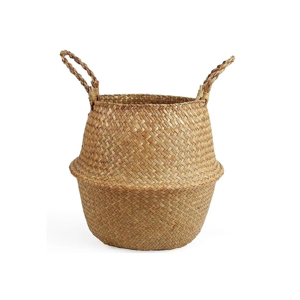 AMERTEER Woven Seagrass Basket with Handles - Large Foldable Plant Basket for Indoor and Outdoor Use - Ideal for Storage, Laundry Basket, Picnic, Plant Pot Cover, Beach Bag and Grocery Basket