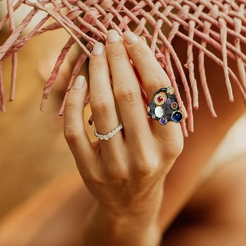 Vista 4 de HAIXIAN Anillo negro con múltiples piedras para mujer, plata de ley S925, negro, punk, gótico, motociclista, cóctel, fiesta, joyería