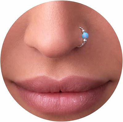 Sterling Silver Opal Nose Ring Hoop 20G Nose Piercing Jewelry for Women Dainty 8mm Silver Nose Ring with Blue Opal Bead Handmade Sterling Silver Ring Piercing Jewelry Gift - Dainty Hammered Silver Hoop for Nostril