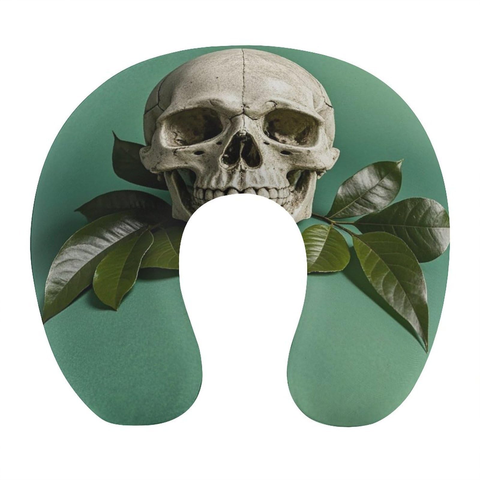 FekiLoot Green Background Skull and Leaves Travel Pillow Comfortable U Shape Memory Foam Pillows Neck and Head Support Portable Travel Neck Pillow Suitable for Planes Trains Self-Driving Cars