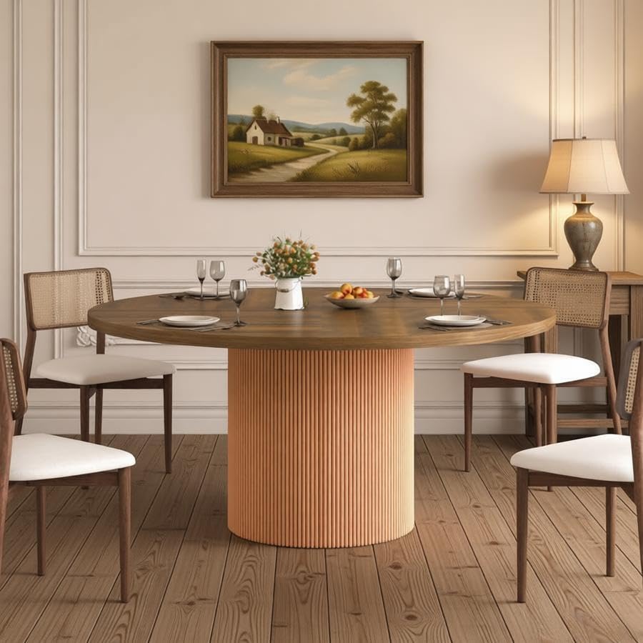Image of 55 inch Round Dining Table for 4-6 People, Modern Farmhouse Dining Kitchen Table with Fluted Cylindrical Pedestal Base for Dining Room, Living Room, Kitchen, (Chairs Not Included)
