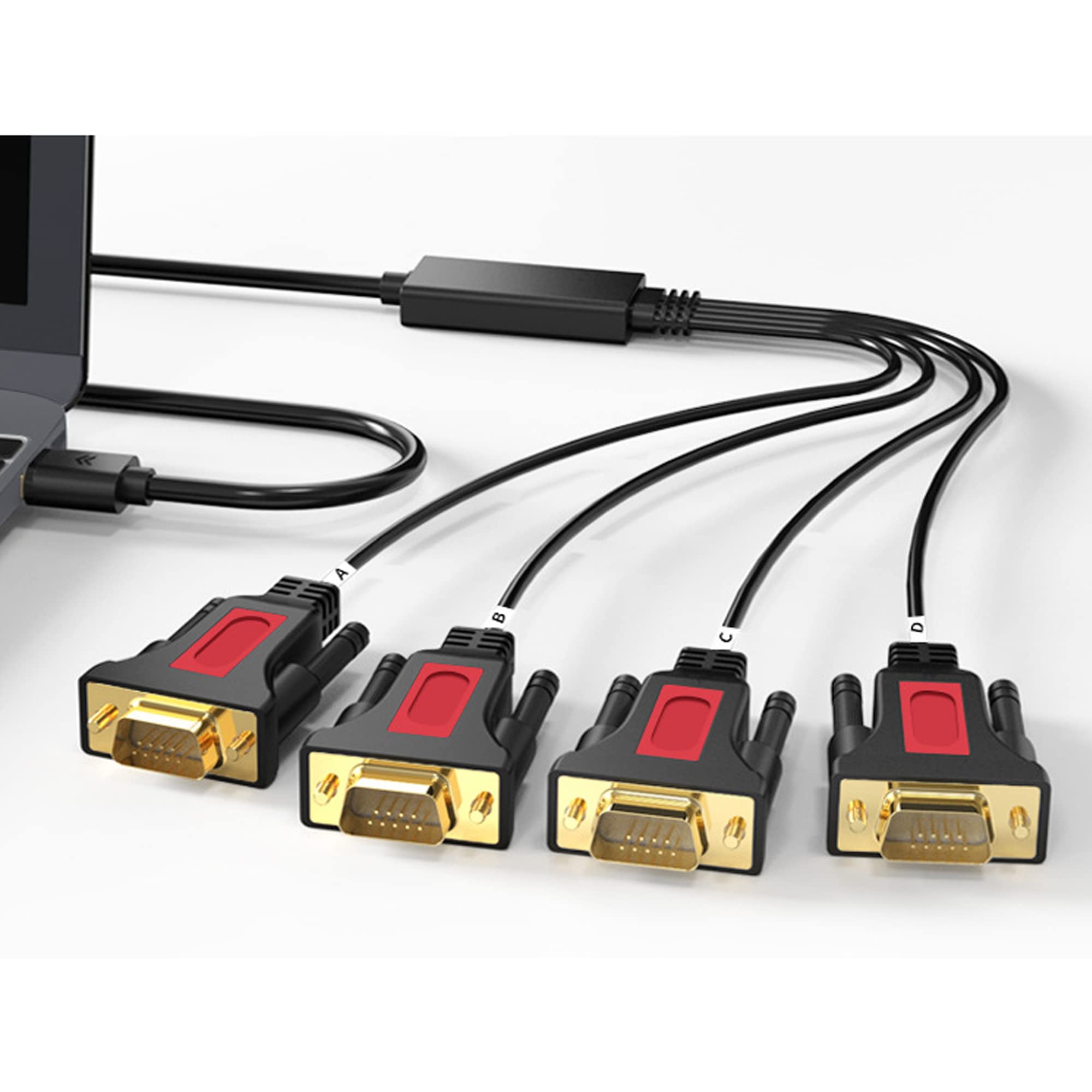 Câble adaptateur 4 ports USB vers RS232 DB9 série (9 broches) 1,5 m compatible avec Mac OS, Windows, Android, Linux (4 ports)