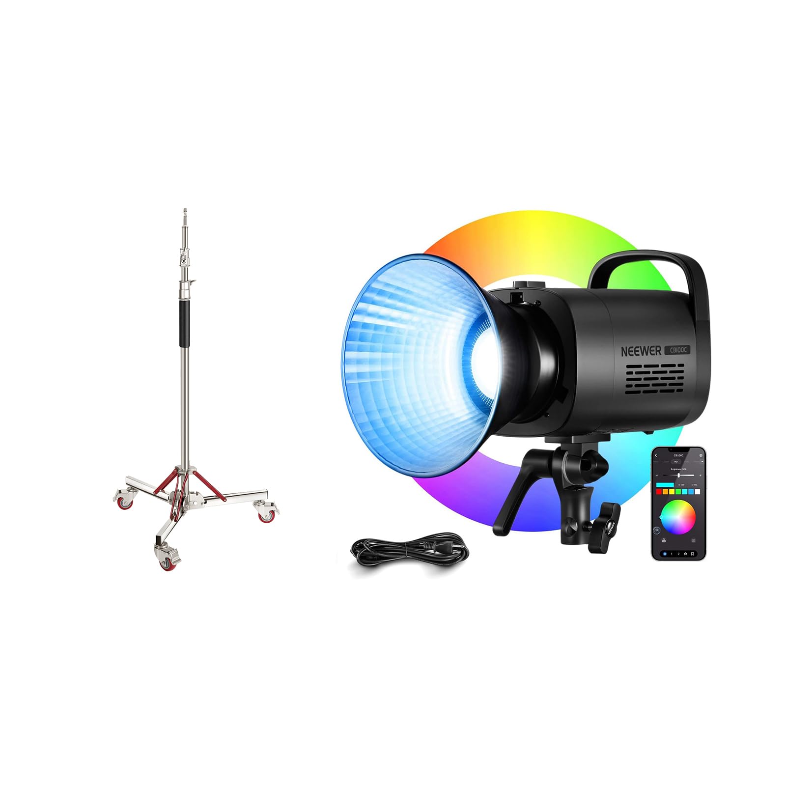 NEEWER Heavy Duty Light Stand with Casters + CB100C 130w RGB LED Video Light, Photography Wheeled Tripod Stand with 100% Stainless Steel for Softbox Monolight Reflector, Max Height 10ft/305cm