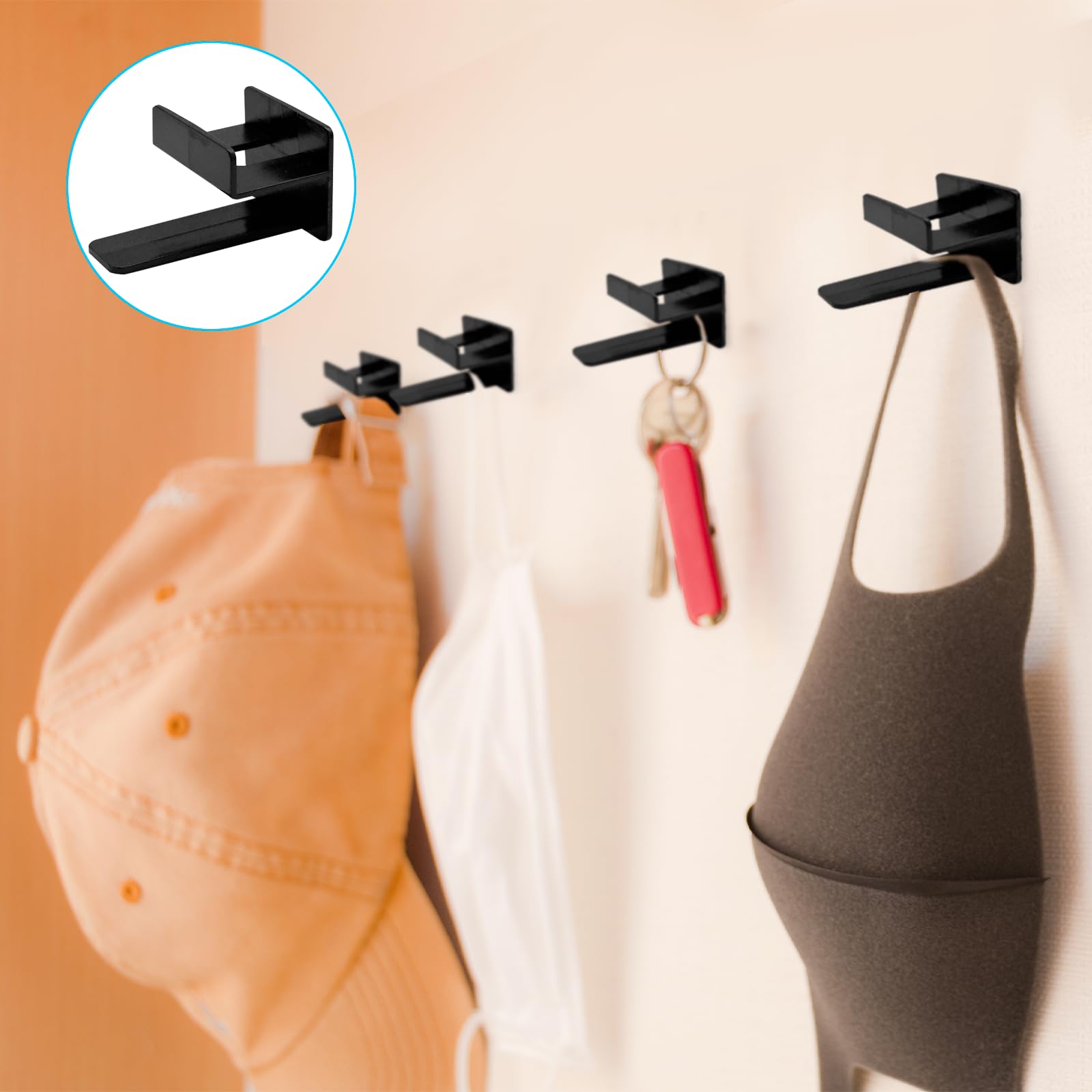 Colgador de Sombreros Autoadhesivo ABS 12 Piezas, 2 Modos de Colgado, Organizador de Pared sin Perforación - Negro