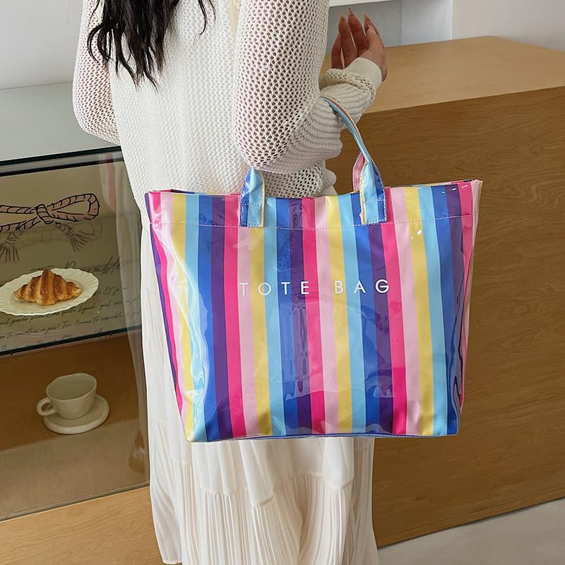 Image of Lushandy Striped PVC Tote Bag for Women, Checkered Plastic Tote Bag for Beach Pool Large Plaid Letters Print Hobo Handbag