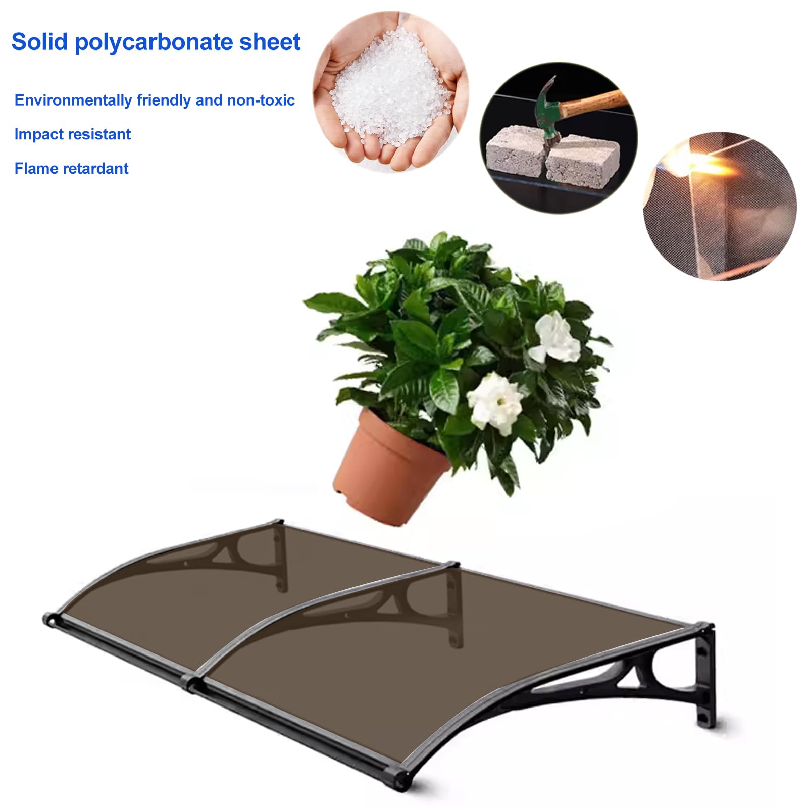 Pensilina Tettoia per Porta e Ingresso in Alluminio,Tende da Sole Marrone,Tendone in Policarbonato Curvo,Garden Pensilina da Esterno,Resistente ai Raggi UV Antipioggia (50x280cm)