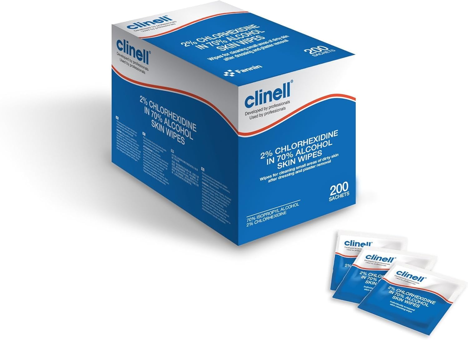 Clinell CA2CSKIN - 2% Chlorhexidine, 70% Alcohol Skin Wipes - Designed for Hospitals, Latex Free & Dermatologically Tested - 1 Box of 200 Wipes