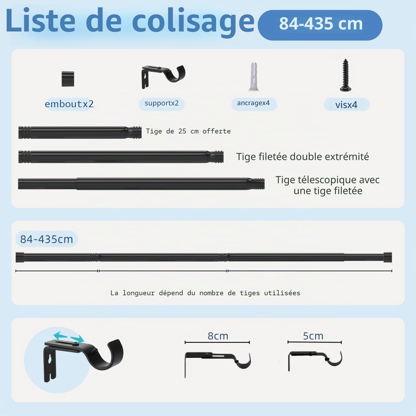 Tringle Rideau Tringle à Rideaux Tringle a Rideaux Réglable Avec Embout Cylindrique 25 Mm De Diamètre Pour Chambre à Coucher Salon Cuisine Blanc 109-435Cm