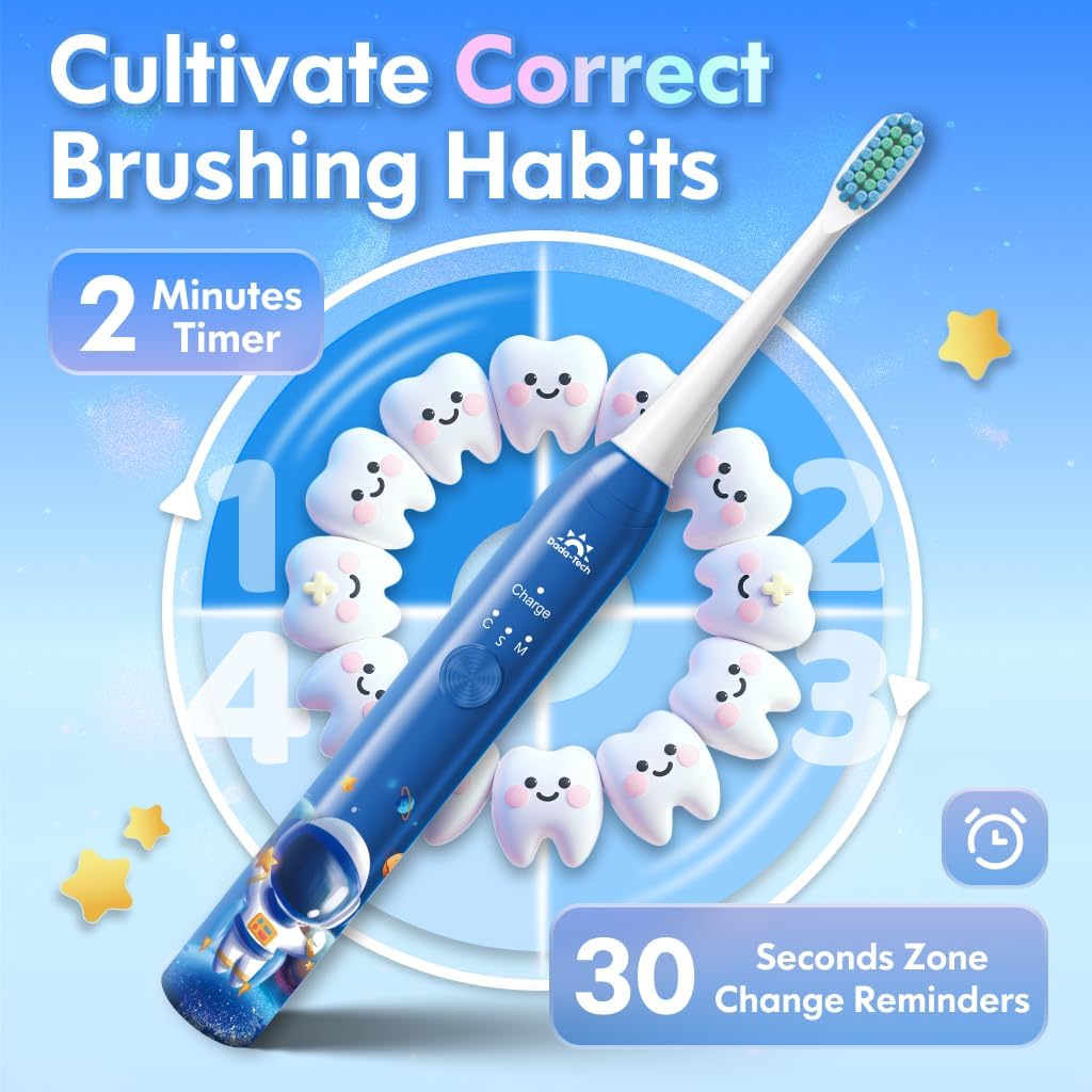 Electric Toothbrush Kids Age 3-5-7-8-12 Year Old, Childrens Electric Toothbrush Rechargeable with Timer 3 Modes 4 Vibrating Heads Habit Stickers 31000VPM Boys Electric Tooth brush (Astronaut Blue) image 5