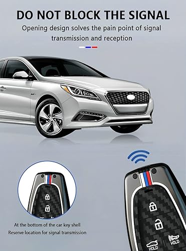 Miniatura 4 de Funda de metal para llavero Hyundai, protector de llavero inteligente compatible con Tucson Santa fe Sonata 2020-2024 (HYJ7-fibra de carbono)