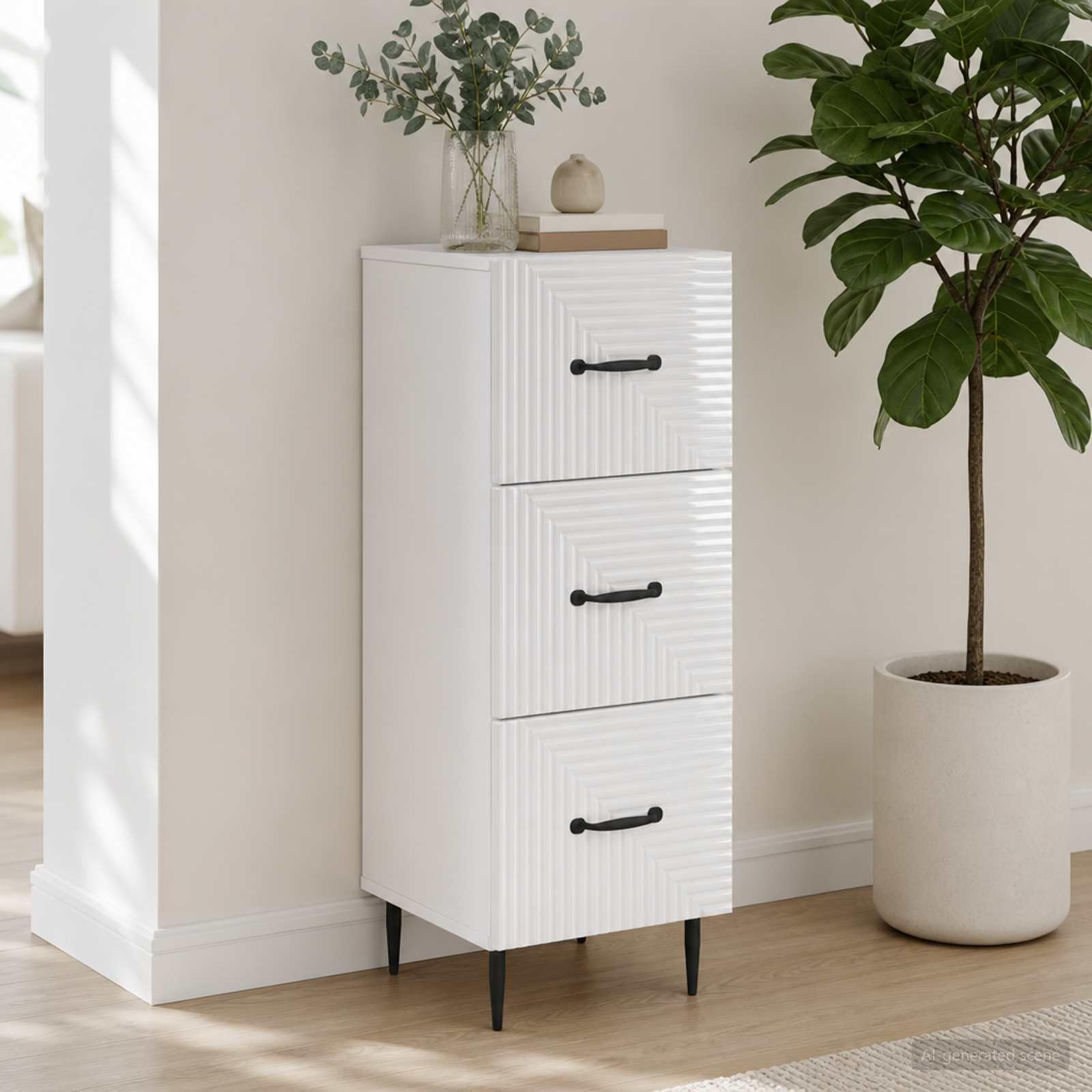 Cassettiera in legno bianco, 33 x 34,5 x 89,5 cm, 3 cassetti, per ufficio, corridoio, cantina, garage, officina, per riporre in ordine