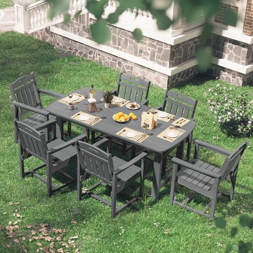 Image of Outdoor Rectangle Dining Table, Heavy-Duty HDPE Table for 6, Weatherproof Patio Table with Umbrella Hole, Rounded Corners for Safety, Grey