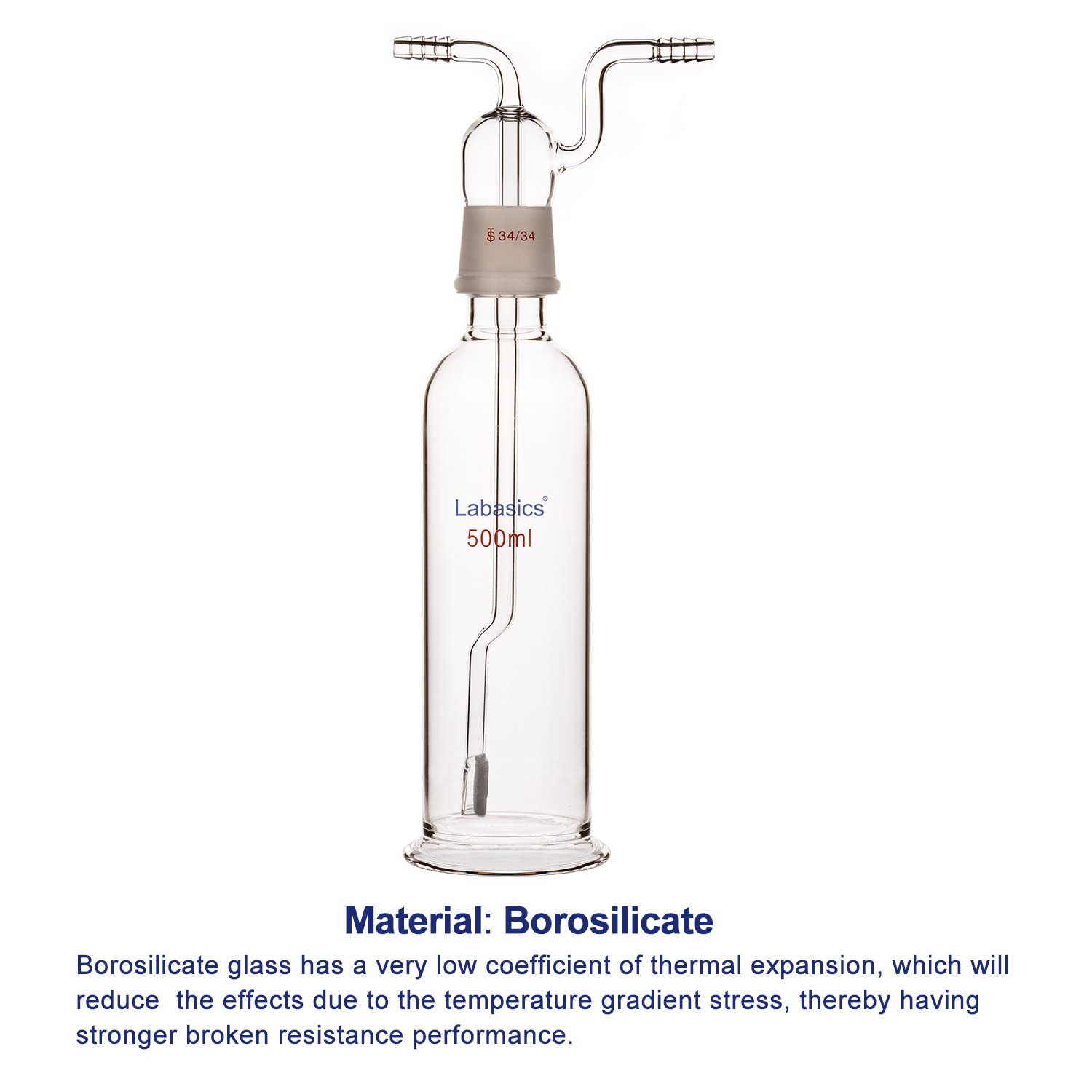 Labasics Bottiglia di Lavaggio del Gas, Vetro Borosilicato 34/34 Tappo Gas Gorgogliatore di Gas Bottiglia di Lavaggio con Disco Fritto e 8 mm di Ingresso OD/Tubi di Uscita, 500 ml