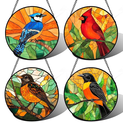 Image of DASTOLL Stained Glass Window Hanging 4 Pcs Set Birds 9.8 inch - Cardinal Blue Jay Suncatcher Door Garden Sun Catcher Decor Birthday Christmas for Bird Lovers Mom Woman Nana Men