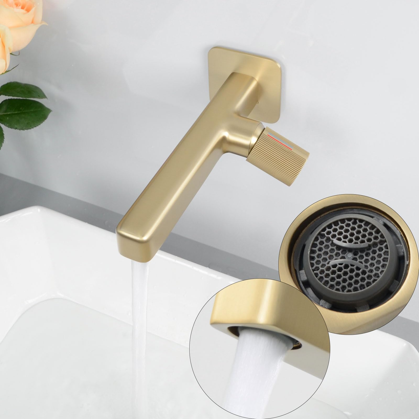 Grifo Lavabo Empotrado, Grifo de Pared Baño, Grifo Monomando Baño, Mezclador Agua Fría y Caliente, Dorado Cepillado, 8M4OK