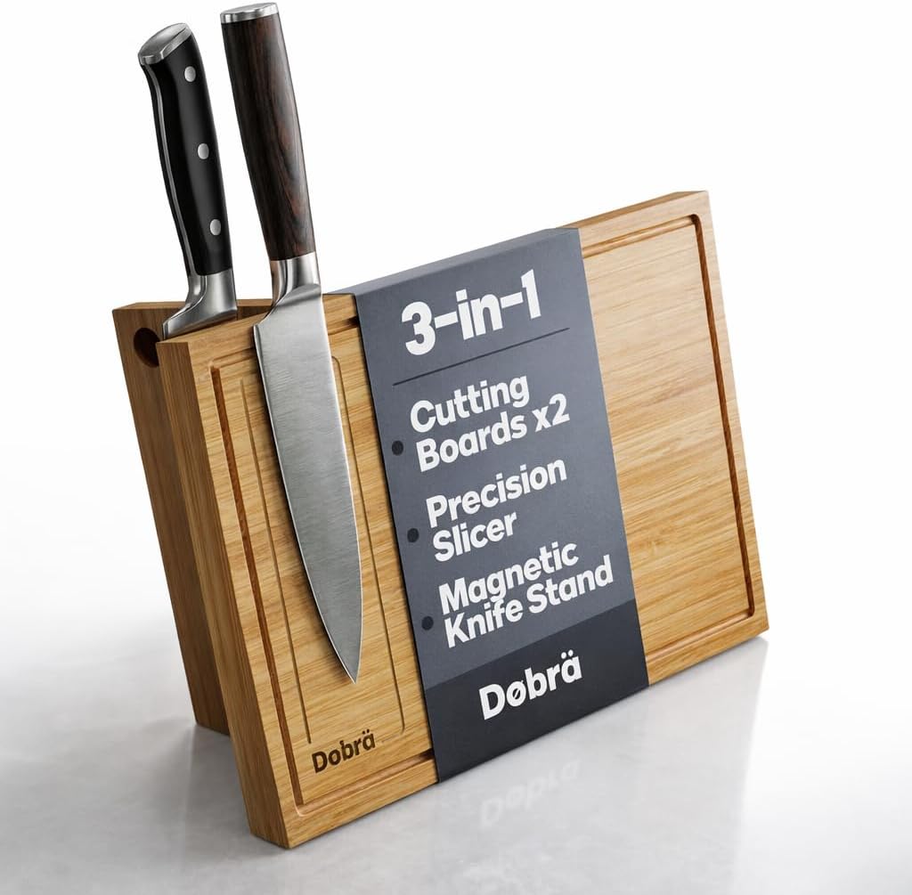 Bamboo Cutting Board with Stand – Cutting Board Organizer with Magnetic Knife Holder and Bread Slicer Guide, Space Saving Kitchen Organizer, 14×9” Extra Large