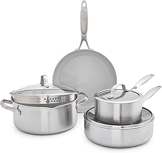 GreenPan Venice Tri-Ply 7-Piece Cookware Set, Saucepan and Pan Set, Healthy Non-Stick Stainless Steel Cookware, PFAS-Free, Induction, Dishwasher Safe, Oven Safe, Silver