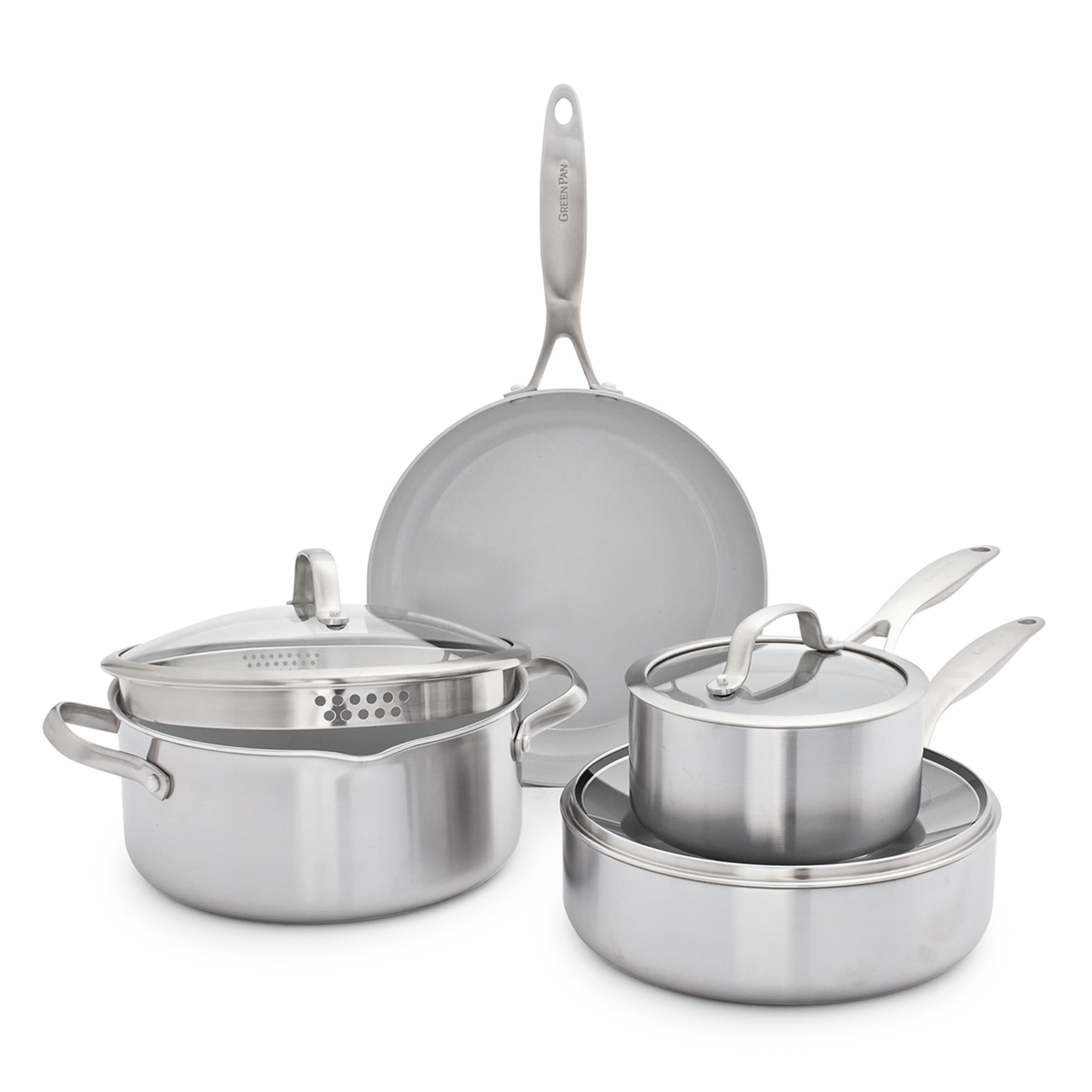 GreenPan Venice Tri-Ply 7-teiliges Kochgeschirr-Set, Kochtopf- und Pfannen-Set, Gesundes Antihaft-Kochgeschirr aus Edelstahl, PFAS-frei, Induktion, Spülmaschinenfest, Backofenfest, Silber