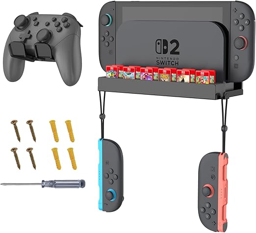 Fintie Wall Mount for Nintendo Switch 2, Metal Wall Mount Kit with 1 Controller Holder, 12 Game Card Holders, 2 Joy-Con Hooks, Space-Saving Console Organizer Behind TV, Black