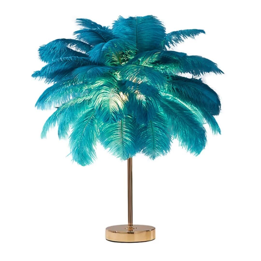DUNMW Creative Green Ostrich Feather Table Lamp Bedside Lamp Light Luxury and Elegant Lampshade Night Light Table Lighting for Living Room Bedroom Home Decoration, Rechargeable