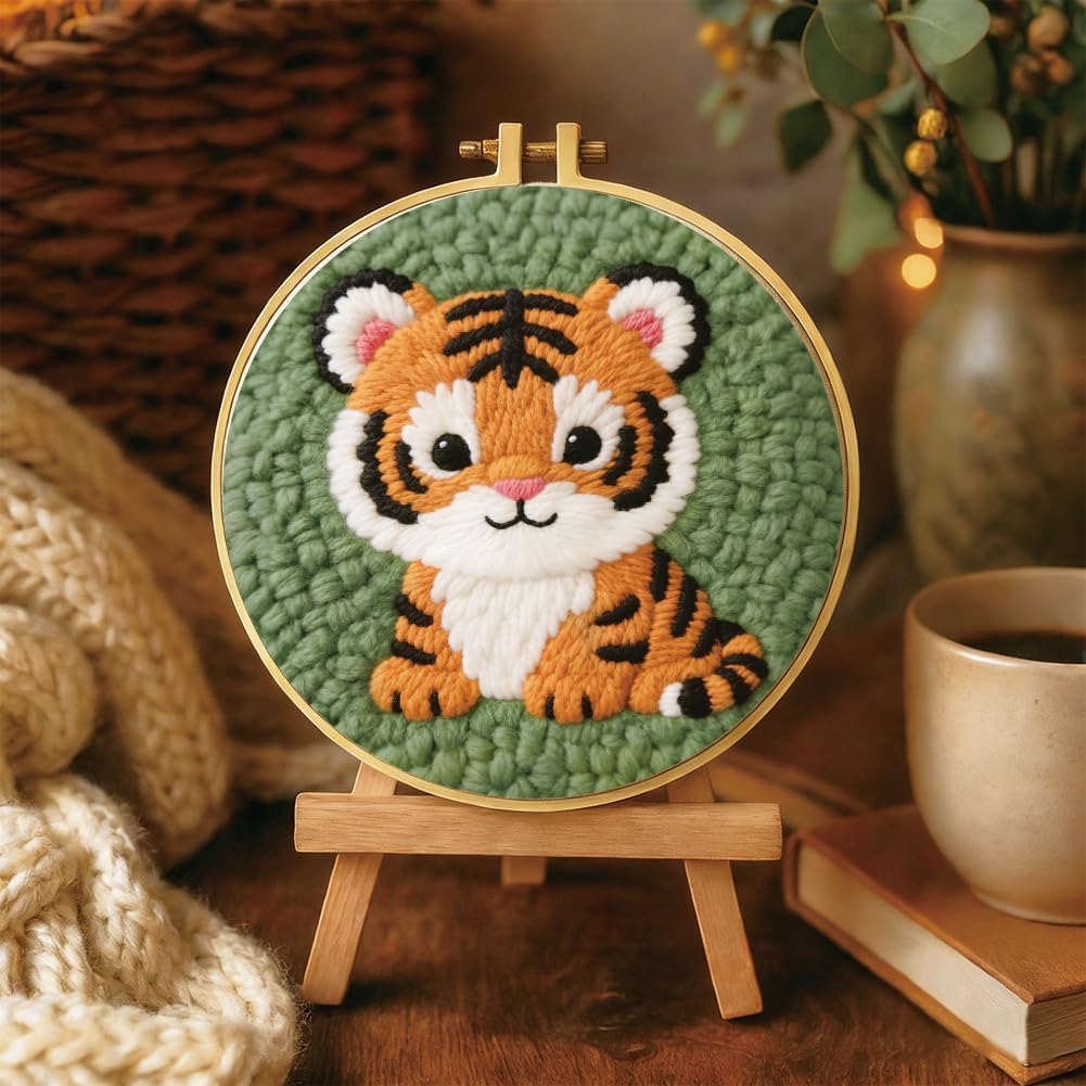 BEUNITONE Cute Tiger Punch Needle Kit for Adults Beginners, Complete DIY Craft Needlepoint Kits with Hoop, Punch Needle Starter Craft Embroidery Set for Festival Gift and Cloth Home Decor 20x20cm