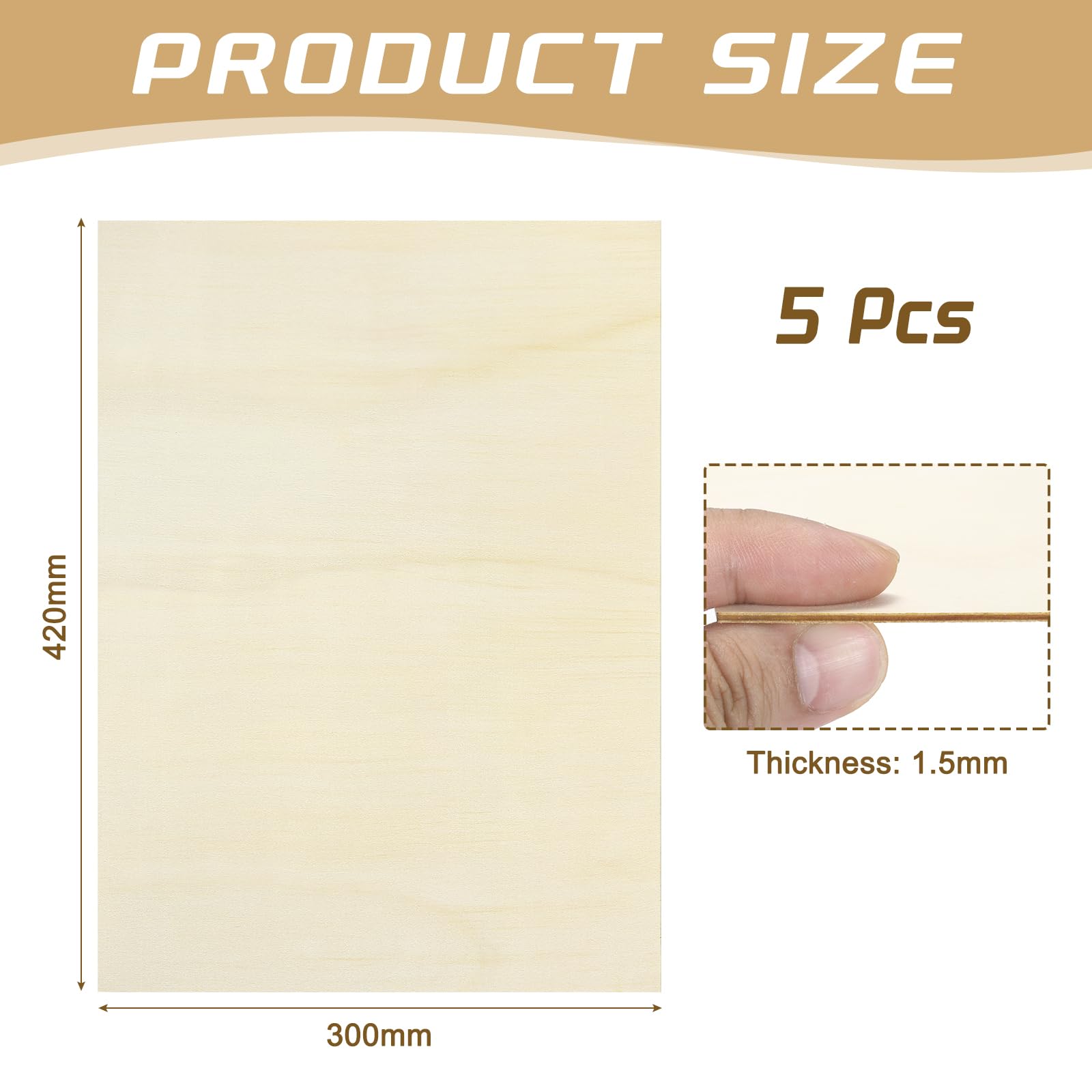 QUARKZMAN 5 Fogli Compensato A3x1.5mm, 420x300mm, Pannello Compensato di Bosso, Pannelli in Legno per Taglio Laser, fai da te, modellismo, arte e artigianato