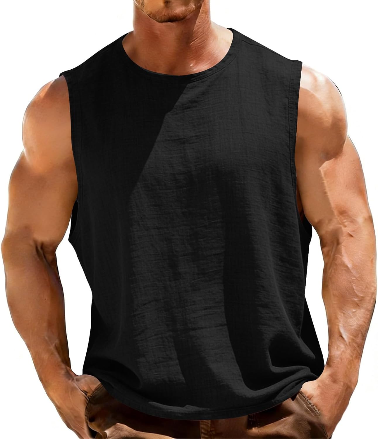 Men's Linen Tank Top Sleeveless Crew Neck Shirts Casual Loose Fit Sports Shirt Breathable Summer Beach Shirts