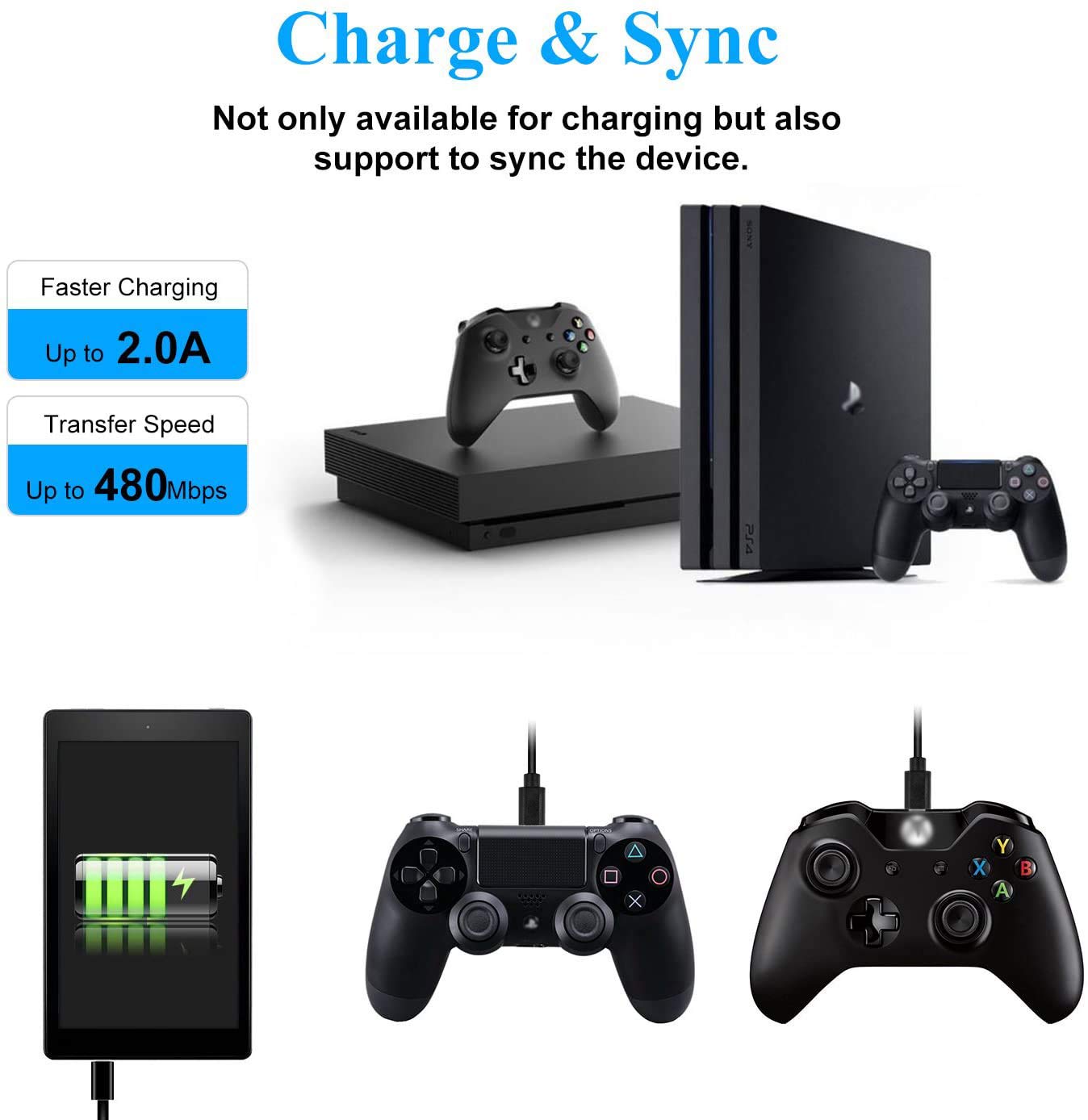 Akingdleo Replacement USB Charger Charging Cable for Xbox One S X Controller, Micro USB 2.0 Play Data Sync Charger Cord (9FT)