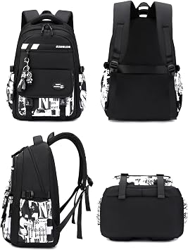 JiaYou Unisex Teen School Backpack Daypack Dual Buckle Front Flap Soft Handle Mesh Travel Day Bag(Black White Comic, 31 Liters)