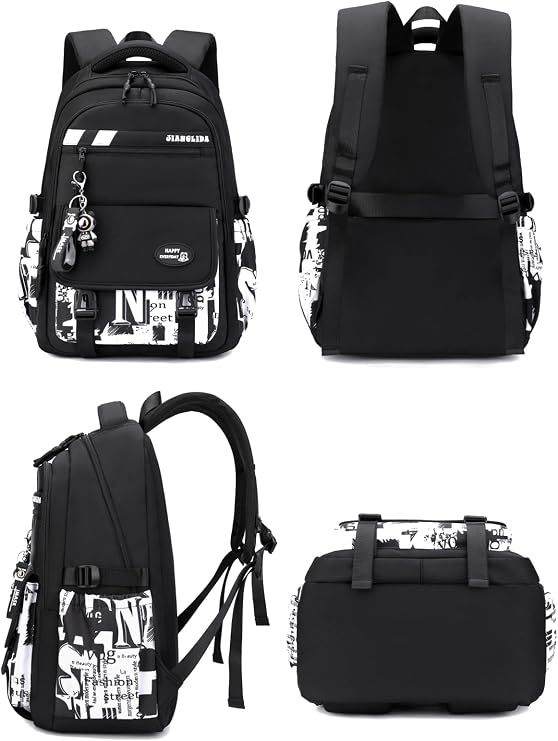 JiaYou Unisex Teen School Backpack Daypack Dual Buckle Front Flap Soft Handle Mesh Travel Day Bag(Black White Comic, 31 Liters)