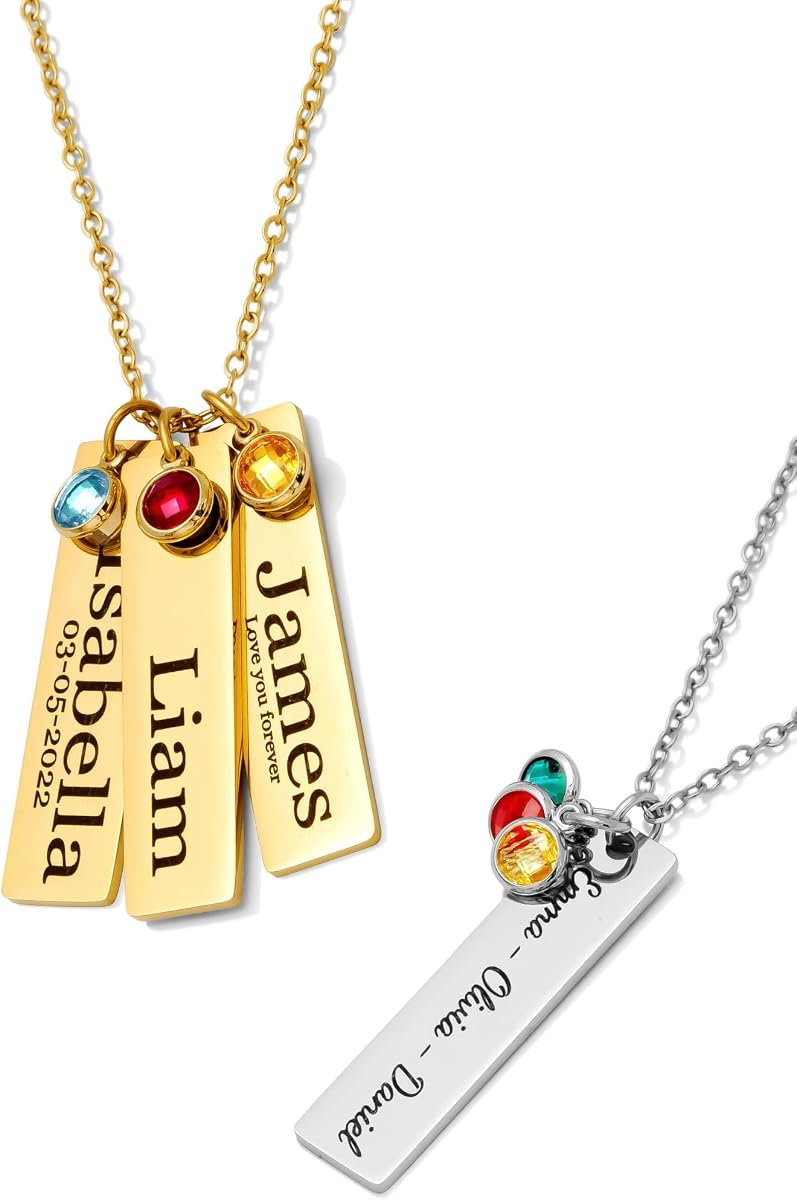 Collar con barra de pilar vertical 3D grabado personalizado – Colgante con nombre personalizado – 1 a 4 lados – Acero inoxidable que no se deslustra – Oro/Plata – Cadena ajustable – Regalo para ella, mamá/papá con nombres de niños