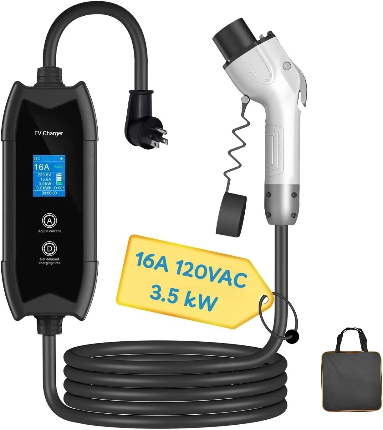 Level 1 Portable GB/T EV Charger, 110 VAC, 16 Amp, NEMA 5-15 Plug, Delayed Charging Time 1-15hr, 5m Cable