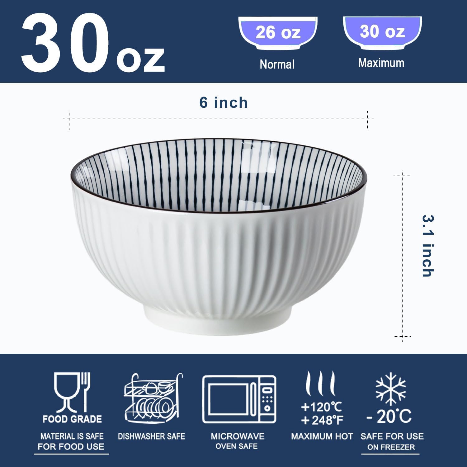 Houlu ceramic rice bowl 30 oz, Japanese bowl set, various tableware for grains, soups, desserts, snacks, fruits, Pack of 6 image 2