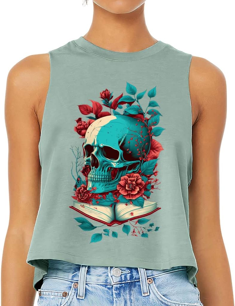 Skull Graphic Racerback Cropped Tank - Gothic Themed Women's Tank - Unique Tank Top - Heather Dusty Blue, L